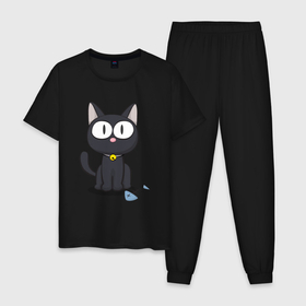 Мужская пижама хлопок с принтом Плюшевый черный кот в Петрозаводске, 100% хлопок | брюки и футболка прямого кроя, без карманов, на брюках мягкая резинка на поясе и по низу штанин
 | арт | иллюстрация | кот | котенок | котик | кошка | черненький котенок