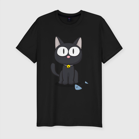 Мужская футболка хлопок Slim с принтом Плюшевый черный кот в Екатеринбурге, 92% хлопок, 8% лайкра | приталенный силуэт, круглый вырез ворота, длина до линии бедра, короткий рукав | арт | иллюстрация | кот | котенок | котик | кошка | черненький котенок