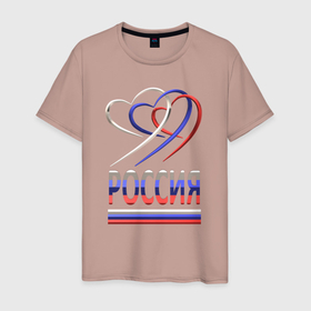 Мужская футболка хлопок с принтом Россия: триколор и три сердца , 100% хлопок | прямой крой, круглый вырез горловины, длина до линии бедер, слегка спущенное плечо. | патриотизм | перламутровый | россия | сердечки | страна | триколор | флаг