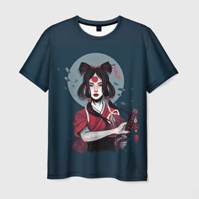 Мужская футболка 3D с принтом Гейша самурай в Белгороде, 100% полиэфир | прямой крой, круглый вырез горловины, длина до линии бедер | japan | samurai girl | девушка | девушка самурай | кунаичи | самурай | япония