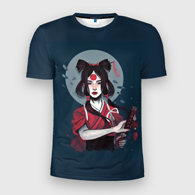 Мужская футболка 3D Slim с принтом Гейша самурай в Белгороде, 100% полиэстер с улучшенными характеристиками | приталенный силуэт, круглая горловина, широкие плечи, сужается к линии бедра | japan | samurai girl | девушка | девушка самурай | кунаичи | самурай | япония