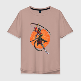 Мужская футболка хлопок Oversize с принтом Samurai Сat Girl в Екатеринбурге, 100% хлопок | свободный крой, круглый ворот, “спинка” длиннее передней части | Тематика изображения на принте: samurai | девушка самурай | кот самурай | самурай | япония