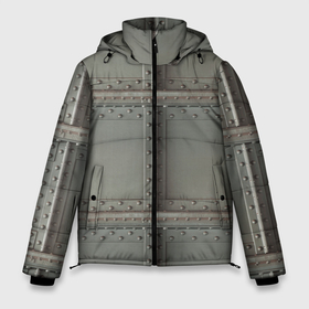 Мужская зимняя куртка 3D с принтом Стальные плиты с заклёпками в Новосибирске, верх — 100% полиэстер; подкладка — 100% полиэстер; утеплитель — 100% полиэстер | длина ниже бедра, свободный силуэт Оверсайз. Есть воротник-стойка, отстегивающийся капюшон и ветрозащитная планка. 

Боковые карманы с листочкой на кнопках и внутренний карман на молнии. | Тематика изображения на принте: бронежилет | броня | металл | сталь | стальные пластины | стальные плиты