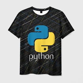 Мужская футболка 3D с принтом PYTHON   ЛОГО в Петрозаводске, 100% полиэфир | прямой крой, круглый вырез горловины, длина до линии бедер | Тематика изображения на принте: big data | hacker | it | python | snake | айти | база данных | взлом | змея | искусственный интелект | кодер | нейросети | пайтон | питон | прогер | программирование | программист | разработчик | хакер