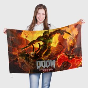 Флаг 3D с принтом Doomguy   demon fight в Курске, 100% полиэстер | плотность ткани — 95 г/м2, размер — 67 х 109 см. Принт наносится с одной стороны | 