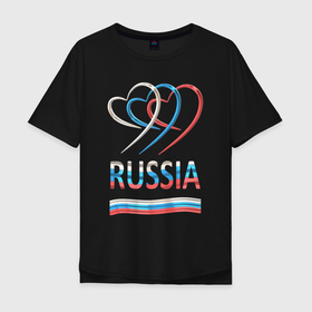 Мужская футболка хлопок Oversize с принтом Российский трехцветный флаг сердечками в Новосибирске, 100% хлопок | свободный крой, круглый ворот, “спинка” длиннее передней части | 3д | патриотизм | россия | сердце | триколор | флаг