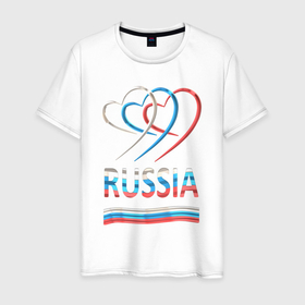 Мужская футболка хлопок с принтом Российский трехцветный флаг сердечками в Белгороде, 100% хлопок | прямой крой, круглый вырез горловины, длина до линии бедер, слегка спущенное плечо. | 3д | патриотизм | россия | сердце | триколор | флаг