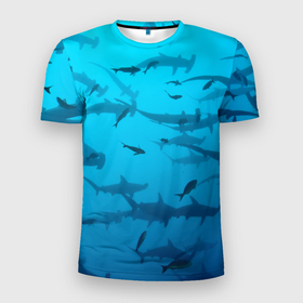 Мужская футболка 3D Slim с принтом акулы   океан в Кировске, 100% полиэстер с улучшенными характеристиками | приталенный силуэт, круглая горловина, широкие плечи, сужается к линии бедра | shark | акула | акула молот | акулы | жители | клыки | море | морские | океан | рыба