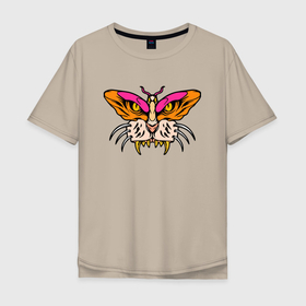 Мужская футболка хлопок Oversize с принтом Бабочка м морда тигра в Курске, 100% хлопок | свободный крой, круглый ворот, “спинка” длиннее передней части | butterfly | fangs | illusion | jaw | muzzle | tiger | бабочка | иллюзия | клыки | пасть | тигр