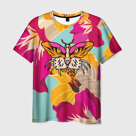 Мужская футболка 3D с принтом Цветы, бабочка и морда тигра в Кировске, 100% полиэфир | прямой крой, круглый вырез горловины, длина до линии бедер | Тематика изображения на принте: butterfly | fangs | flowers | illusion | jaw | tiger | бабочка | иллюзия | клыки | пасть | тигр | цветы