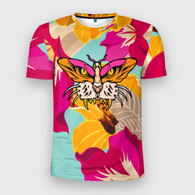 Мужская футболка 3D Slim с принтом Цветы, бабочка и морда тигра , 100% полиэстер с улучшенными характеристиками | приталенный силуэт, круглая горловина, широкие плечи, сужается к линии бедра | Тематика изображения на принте: butterfly | fangs | flowers | illusion | jaw | tiger | бабочка | иллюзия | клыки | пасть | тигр | цветы