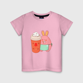 Детская футболка хлопок с принтом HARE AND COFFEE в Курске, 100% хлопок | круглый вырез горловины, полуприлегающий силуэт, длина до линии бедер | Тематика изображения на принте: animal | coffee | cute | funny | rabbit | животное | забавный | заяц | кофе | кролик | милый