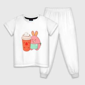 Детская пижама хлопок с принтом HARE AND COFFEE в Новосибирске, 100% хлопок |  брюки и футболка прямого кроя, без карманов, на брюках мягкая резинка на поясе и по низу штанин
 | animal | coffee | cute | funny | rabbit | животное | забавный | заяц | кофе | кролик | милый