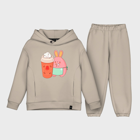 Детский костюм хлопок Oversize с принтом HARE AND COFFEE в Курске,  |  | animal | coffee | cute | funny | rabbit | животное | забавный | заяц | кофе | кролик | милый