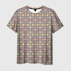 Мужская футболка 3D с принтом Желтые, оранжевый квадраты на сером в Кировске, 100% полиэфир | прямой крой, круглый вырез горловины, длина до линии бедер | abstract | checkered | geometric | gray | orange | plaid | retro | s | squares | yellow | абстрактный | в клетку | геометрический | желтый | квадраты | клетка | клетчатый | лососевый | оранжевый | плед | ретро | светло серый | серый