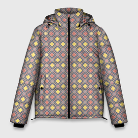 Мужская зимняя куртка 3D с принтом Желтые, оранжевый квадраты на сером в Екатеринбурге, верх — 100% полиэстер; подкладка — 100% полиэстер; утеплитель — 100% полиэстер | длина ниже бедра, свободный силуэт Оверсайз. Есть воротник-стойка, отстегивающийся капюшон и ветрозащитная планка. 

Боковые карманы с листочкой на кнопках и внутренний карман на молнии. | Тематика изображения на принте: abstract | checkered | geometric | gray | orange | plaid | retro | s | squares | yellow | абстрактный | в клетку | геометрический | желтый | квадраты | клетка | клетчатый | лососевый | оранжевый | плед | ретро | светло серый | серый