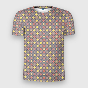 Мужская футболка 3D Slim с принтом Желтые, оранжевый квадраты на сером в Новосибирске, 100% полиэстер с улучшенными характеристиками | приталенный силуэт, круглая горловина, широкие плечи, сужается к линии бедра | abstract | checkered | geometric | gray | orange | plaid | retro | s | squares | yellow | абстрактный | в клетку | геометрический | желтый | квадраты | клетка | клетчатый | лососевый | оранжевый | плед | ретро | светло серый | серый