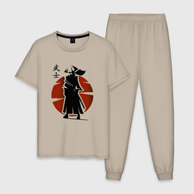 Мужская пижама хлопок с принтом Самурай Минимализм в Белгороде, 100% хлопок | брюки и футболка прямого кроя, без карманов, на брюках мягкая резинка на поясе и по низу штанин
 | Тематика изображения на принте: japan | samurai | закат | самурай | япония