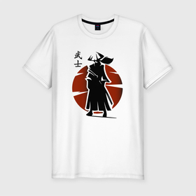Мужская футболка хлопок Slim с принтом Самурай Минимализм , 92% хлопок, 8% лайкра | приталенный силуэт, круглый вырез ворота, длина до линии бедра, короткий рукав | japan | samurai | закат | самурай | япония