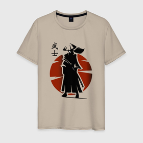 Мужская футболка хлопок с принтом Самурай Минимализм в Екатеринбурге, 100% хлопок | прямой крой, круглый вырез горловины, длина до линии бедер, слегка спущенное плечо. | japan | samurai | закат | самурай | япония