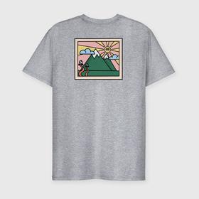 Мужская футболка хлопок Slim с принтом Мультяшный пейзаж с солнцем и грибами в Новосибирске, 92% хлопок, 8% лайкра | приталенный силуэт, круглый вырез ворота, длина до линии бедра, короткий рукав | горы | грибы | мультики | облака | пейзаж | природа | солнце | холмы
