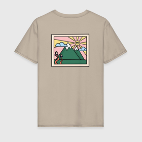 Мужская футболка хлопок с принтом Мультяшный пейзаж с солнцем и грибами в Санкт-Петербурге, 100% хлопок | прямой крой, круглый вырез горловины, длина до линии бедер, слегка спущенное плечо. | горы | грибы | мультики | облака | пейзаж | природа | солнце | холмы
