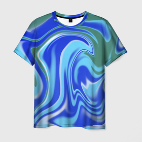Мужская футболка 3D с принтом Тай дай с синим, зелёным и белым цветом в Кировске, 100% полиэфир | прямой крой, круглый вырез горловины, длина до линии бедер | белый | вихрь | зелёный | паттерн | принт тай дай | разводы | синий | синий электрик | тай дай | текстура | яркий дизайн