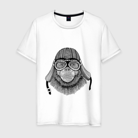 Мужская футболка хлопок с принтом MONKEY PILOT в Кировске, 100% хлопок | прямой крой, круглый вырез горловины, длина до линии бедер, слегка спущенное плечо. | animal | chimpanzee | funny | monkey | pilot | pilot helmet | retro | vintage | винтажный | животное | забавный | обезьяна | пилот | ретро | шимпанзе | шлем пилота