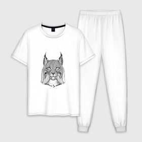 Мужская пижама хлопок с принтом LYNX , 100% хлопок | брюки и футболка прямого кроя, без карманов, на брюках мягкая резинка на поясе и по низу штанин
 | animal | black | predator | white | белый | животное | рысь | хищник | чёрный