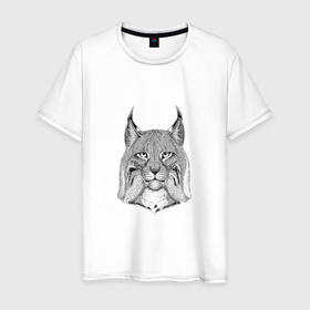 Мужская футболка хлопок с принтом LYNX в Белгороде, 100% хлопок | прямой крой, круглый вырез горловины, длина до линии бедер, слегка спущенное плечо. | animal | black | predator | white | белый | животное | рысь | хищник | чёрный
