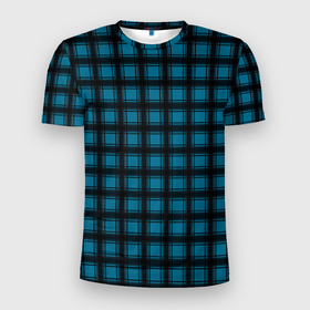 Мужская футболка 3D Slim с принтом Black and blue plaid в Тюмени, 100% полиэстер с улучшенными характеристиками | приталенный силуэт, круглая горловина, широкие плечи, сужается к линии бедра | Тематика изображения на принте: black and blue | plaid | plaid pattern | клетка | клетчатый узор | синий | черный | шотландка