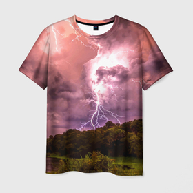Мужская футболка 3D с принтом Грозовые разряды молний над лесным озером в Петрозаводске, 100% полиэфир | прямой крой, круглый вырез горловины, длина до линии бедер | forest | lake | lightning | nature | storm | storm cloud | гроза | лес | молния | озеро | природа | туча