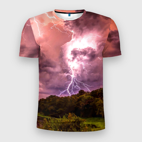 Мужская футболка 3D Slim с принтом Грозовые разряды молний над лесным озером в Кировске, 100% полиэстер с улучшенными характеристиками | приталенный силуэт, круглая горловина, широкие плечи, сужается к линии бедра | forest | lake | lightning | nature | storm | storm cloud | гроза | лес | молния | озеро | природа | туча