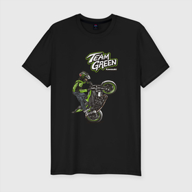 Мужская футболка хлопок Slim с принтом Kawasaki Green Team в Санкт-Петербурге, 92% хлопок, 8% лайкра | приталенный силуэт, круглый вырез ворота, длина до линии бедра, короткий рукав | kawasaki | кавасаки | мотоспорт | мотоциклы | японские мотоциклы