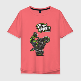 Мужская футболка хлопок Oversize с принтом Kawasaki Green Team в Петрозаводске, 100% хлопок | свободный крой, круглый ворот, “спинка” длиннее передней части | kawasaki | кавасаки | мотоспорт | мотоциклы | японские мотоциклы