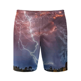 Мужские шорты спортивные с принтом Грозовые разряды молний над лесом в Тюмени,  |  | element | forest | lightning | nature | storm | storm cloud | гроза | лес | молния | природа | стихия | туча