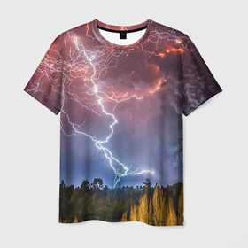 Мужская футболка 3D с принтом Грозовые разряды молний над лесом в Белгороде, 100% полиэфир | прямой крой, круглый вырез горловины, длина до линии бедер | Тематика изображения на принте: element | forest | lightning | nature | storm | storm cloud | гроза | лес | молния | природа | стихия | туча