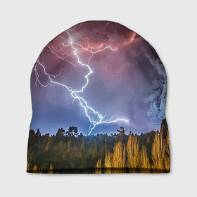 Шапка 3D с принтом Грозовые разряды молний над лесом в Тюмени, 100% полиэстер | универсальный размер, печать по всей поверхности изделия | element | forest | lightning | nature | storm | storm cloud | гроза | лес | молния | природа | стихия | туча