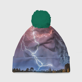 Шапка 3D c помпоном с принтом Грозовые разряды молний над лесом в Тюмени, 100% полиэстер | универсальный размер, печать по всей поверхности изделия | element | forest | lightning | nature | storm | storm cloud | гроза | лес | молния | природа | стихия | туча