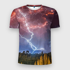 Мужская футболка 3D Slim с принтом Грозовые разряды молний над лесом в Белгороде, 100% полиэстер с улучшенными характеристиками | приталенный силуэт, круглая горловина, широкие плечи, сужается к линии бедра | Тематика изображения на принте: element | forest | lightning | nature | storm | storm cloud | гроза | лес | молния | природа | стихия | туча