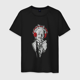 Мужская футболка хлопок с принтом Эйнштейн в наушниках в Курске, 100% хлопок | прямой крой, круглый вырез горловины, длина до линии бедер, слегка спущенное плечо. | альберт эйнштейн | наушники | ученый | эйнштейн | эйнштейн с трубкой