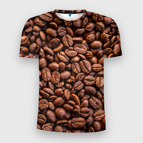 Мужская футболка 3D Slim с принтом Зерна жареного кофе в Тюмени, 100% полиэстер с улучшенными характеристиками | приталенный силуэт, круглая горловина, широкие плечи, сужается к линии бедра | coffee | кофе | кофейные зерна | текстура