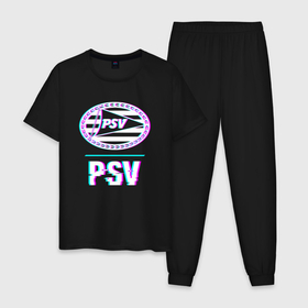 Мужская пижама хлопок с принтом PSV FC в стиле Glitch в Кировске, 100% хлопок | брюки и футболка прямого кроя, без карманов, на брюках мягкая резинка на поясе и по низу штанин
 | Тематика изображения на принте: 