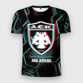 Мужская футболка 3D Slim с принтом AEK Athens FC в стиле Glitch на темном фоне в Курске, 100% полиэстер с улучшенными характеристиками | приталенный силуэт, круглая горловина, широкие плечи, сужается к линии бедра | Тематика изображения на принте: aek | aek athens | athens | club | fc | football | glitch | logo | paint | аек | брызги | глитч | клуб | краска | лого | мяч | символ | спорт | футбол | футболист | футболисты | футбольный