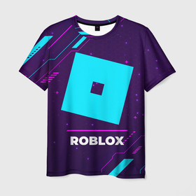 Мужская футболка 3D с принтом Символ Roblox в неоновых цветах на темном фоне в Белгороде, 100% полиэфир | прямой крой, круглый вырез горловины, длина до линии бедер | logo | neon | roblox | игра | игры | лого | логотип | неон | роблокс | символ