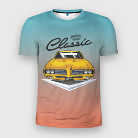 Мужская футболка 3D Slim с принтом Желтая  классическая  машина retro в Екатеринбурге, 100% полиэстер с улучшенными характеристиками | приталенный силуэт, круглая горловина, широкие плечи, сужается к линии бедра | car | retro | желтая машина | машина | ретро | старая машина
