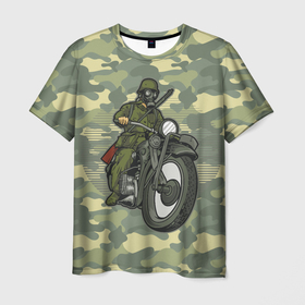 Мужская футболка 3D с принтом в противогазе на  мотоцикле , 100% полиэфир | прямой крой, круглый вырез горловины, длина до линии бедер | moto | камуфляж | мото | мотоцикл | противогаз | хаки