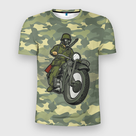 Мужская футболка 3D Slim с принтом в противогазе на  мотоцикле в Новосибирске, 100% полиэстер с улучшенными характеристиками | приталенный силуэт, круглая горловина, широкие плечи, сужается к линии бедра | moto | камуфляж | мото | мотоцикл | противогаз | хаки