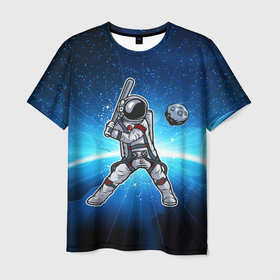 Мужская футболка 3D с принтом Космонавт играет  в бейсбол планетой в Тюмени, 100% полиэфир | прямой крой, круглый вырез горловины, длина до линии бедер | бейсбол | игра с мячом | космонавт | космос | планеты