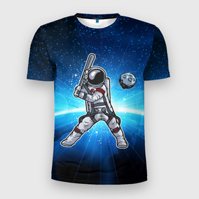 Мужская футболка 3D Slim с принтом Космонавт играет  в бейсбол планетой в Новосибирске, 100% полиэстер с улучшенными характеристиками | приталенный силуэт, круглая горловина, широкие плечи, сужается к линии бедра | бейсбол | игра с мячом | космонавт | космос | планеты